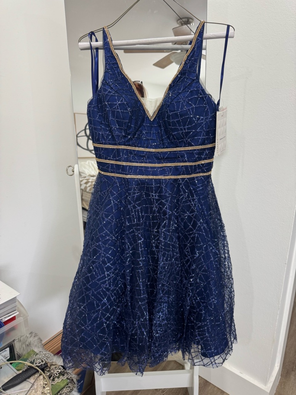 Witness of Love Navy V-Neck Corset Tie Back Dress with Gold Trim Size 2 NWT